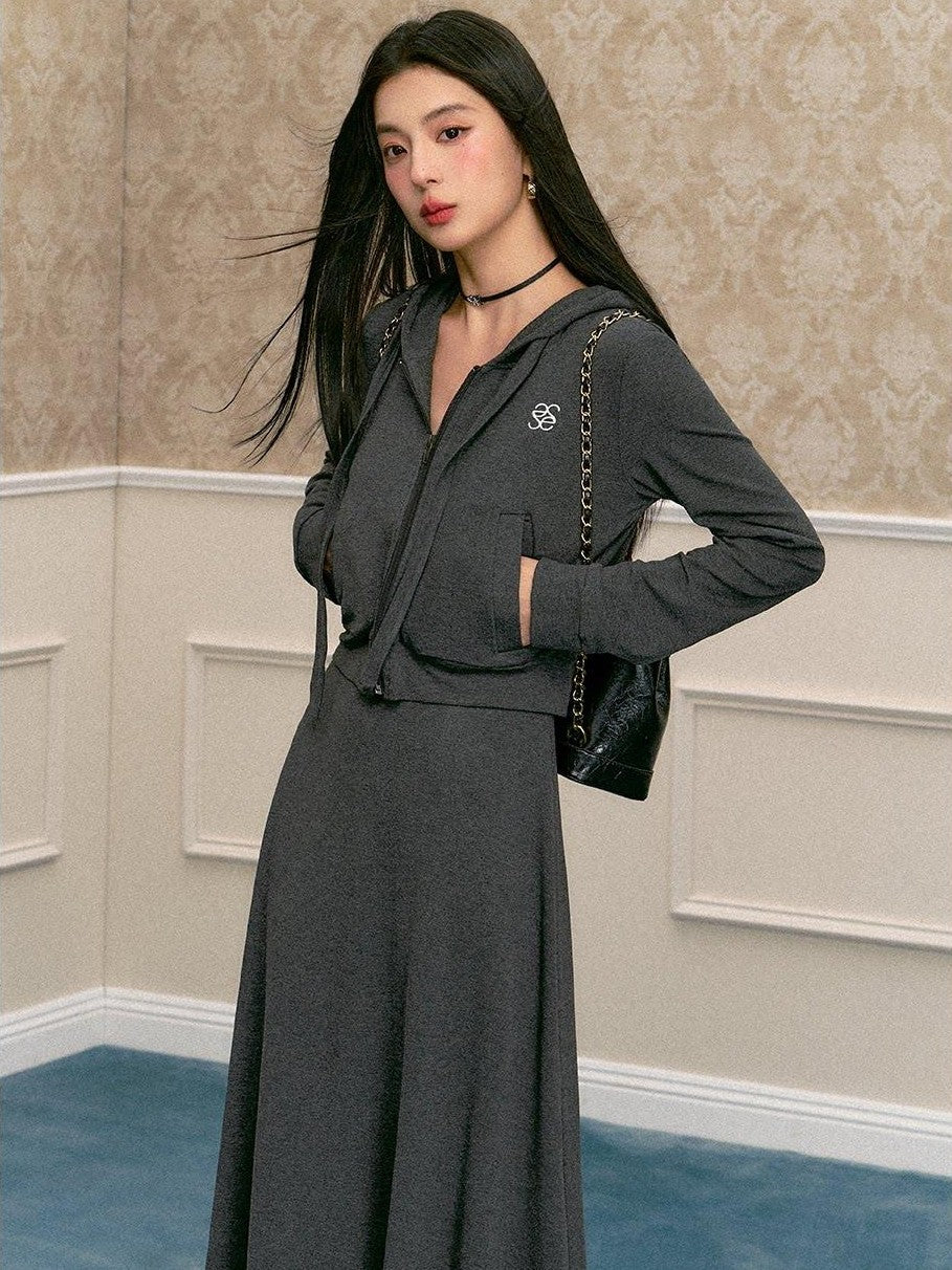 SereneEase Vintage Collegiate Hooded Zip Top And Camisole Women's Matching Skirt Sets