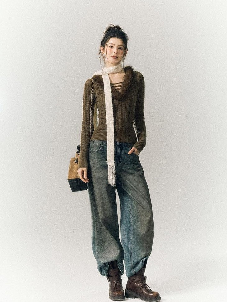 SereneEase Vintage Distressed Low Rise Women's Cotton Blend Denim Wide-leg Jeans