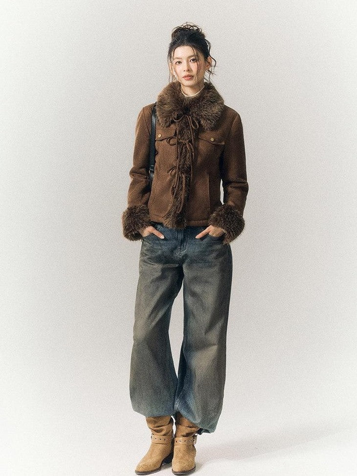 SereneEase Vintage Distressed Low Rise Women's Cotton Blend Denim Wide-leg Jeans