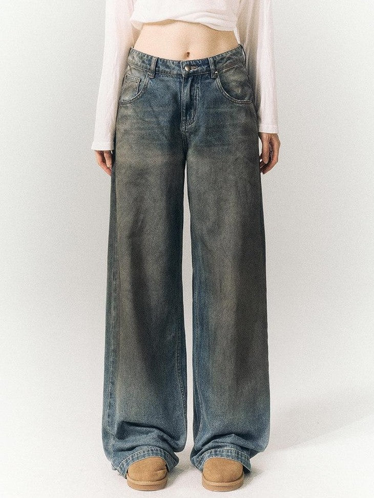 SereneEase Vintage Distressed Low Rise Women's Cotton Blend Denim Wide-leg Jeans