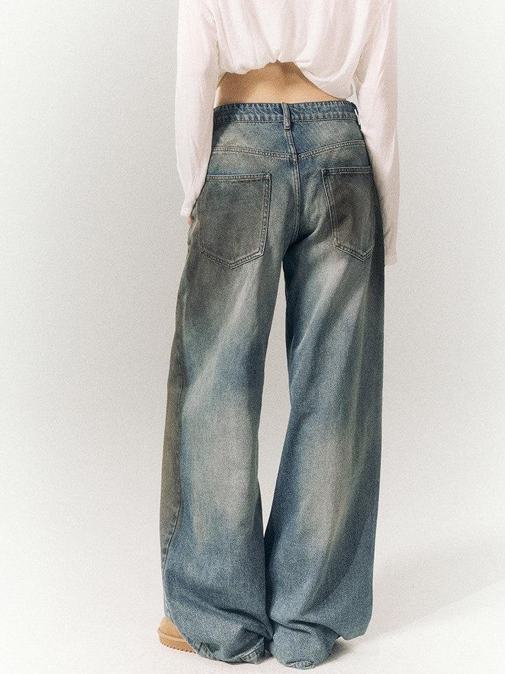 SereneEase Vintage Distressed Low Rise Women's Cotton Blend Denim Wide-leg Jeans
