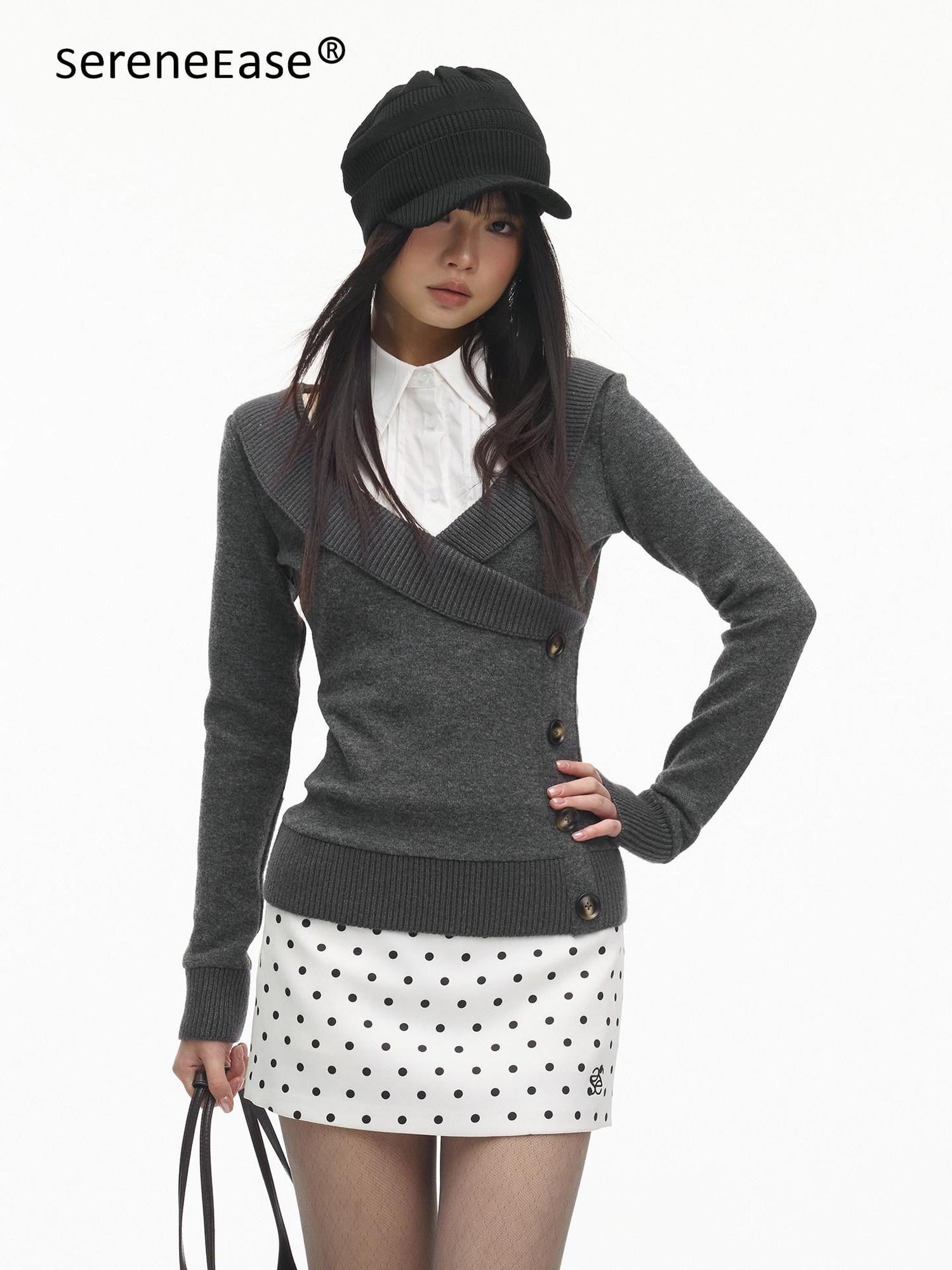 SereneEase Vintage Layered V-neck Button Knit Women's Wool Slim Fit Pullover Sweaters