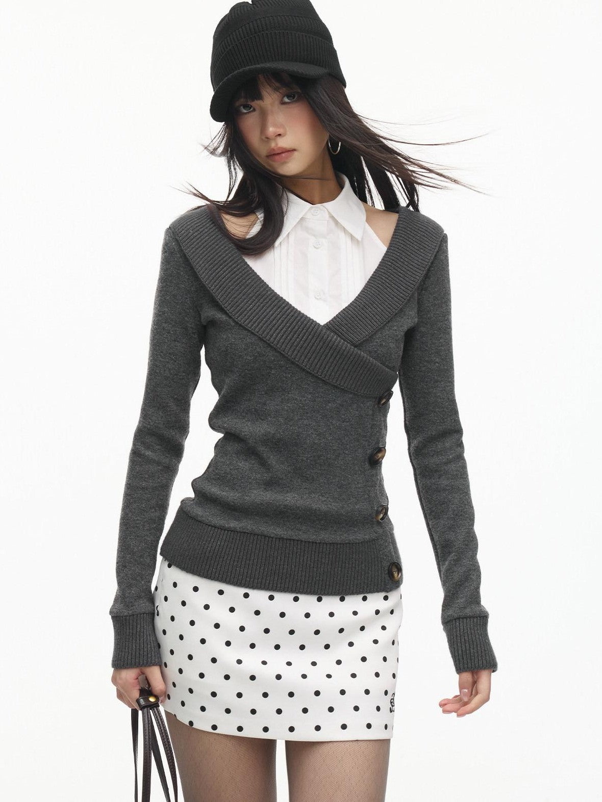 SereneEase Vintage Layered V-neck Button Knit Women's Wool Slim Fit Pullover Sweaters
