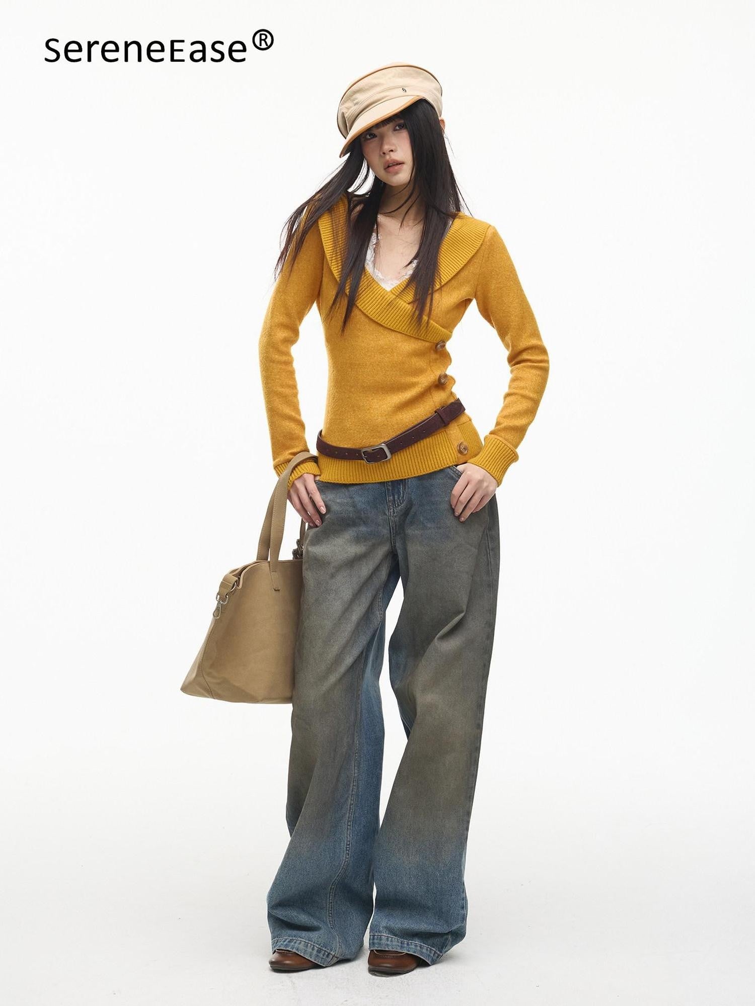 SereneEase Vintage Layered V-neck Button Knit Women's Wool Slim Fit Pullover Sweaters