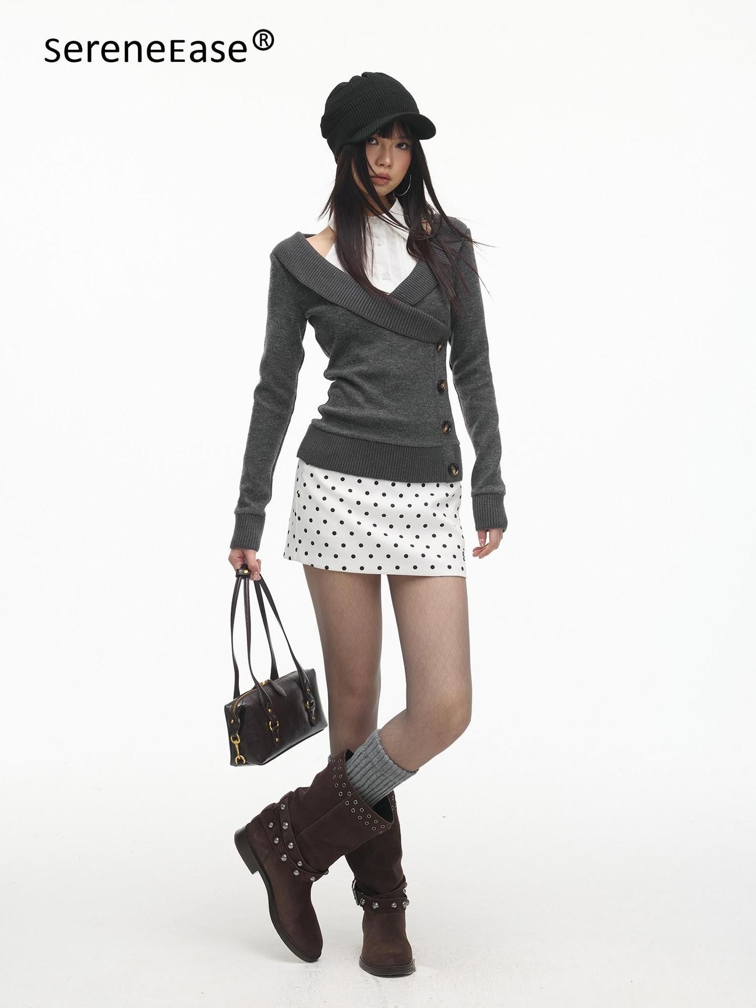 SereneEase Vintage Layered V-neck Button Knit Women's Wool Slim Fit Pullover Sweaters