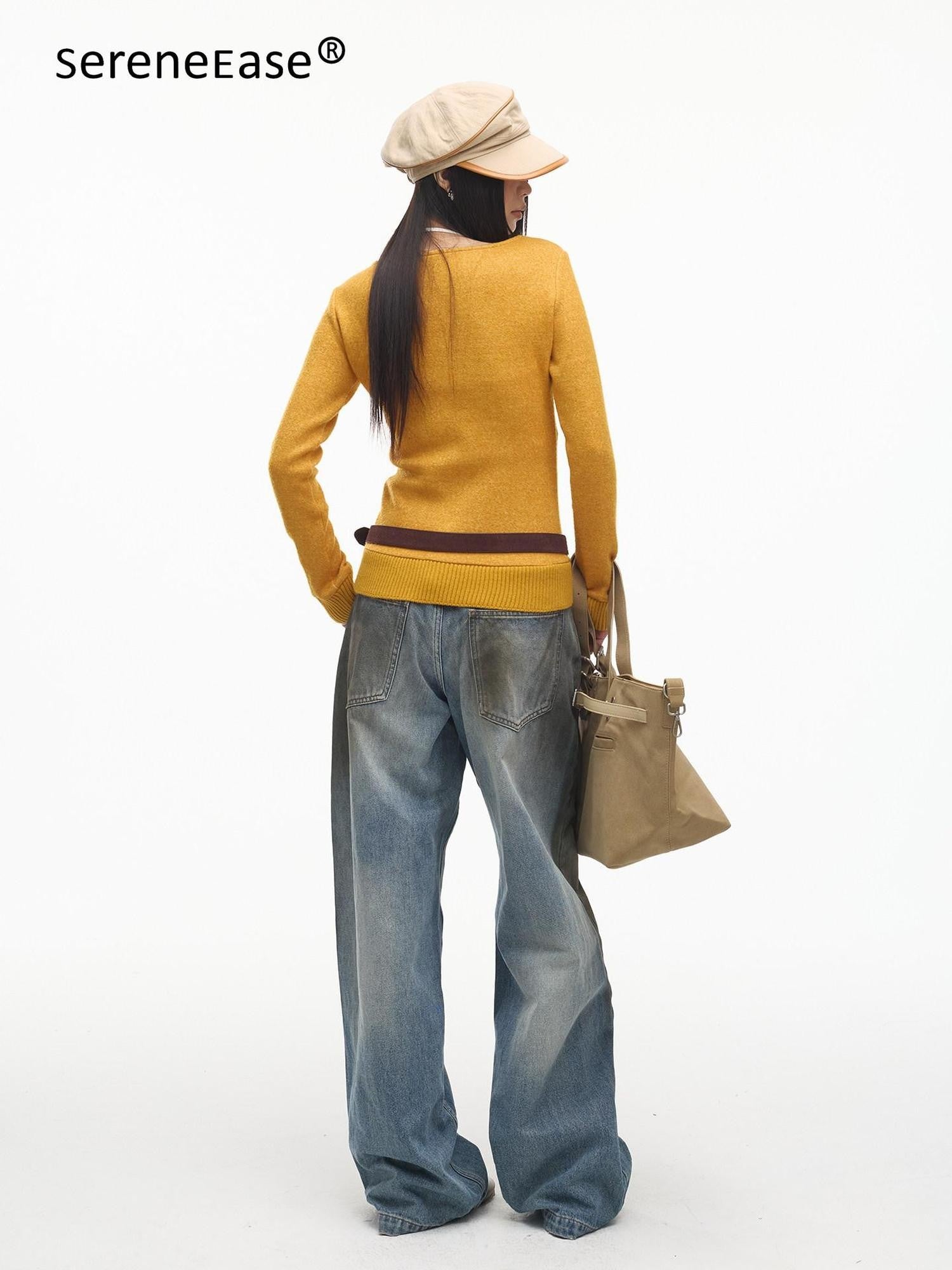 SereneEase Vintage Layered V-neck Button Knit Women's Wool Slim Fit Pullover Sweaters