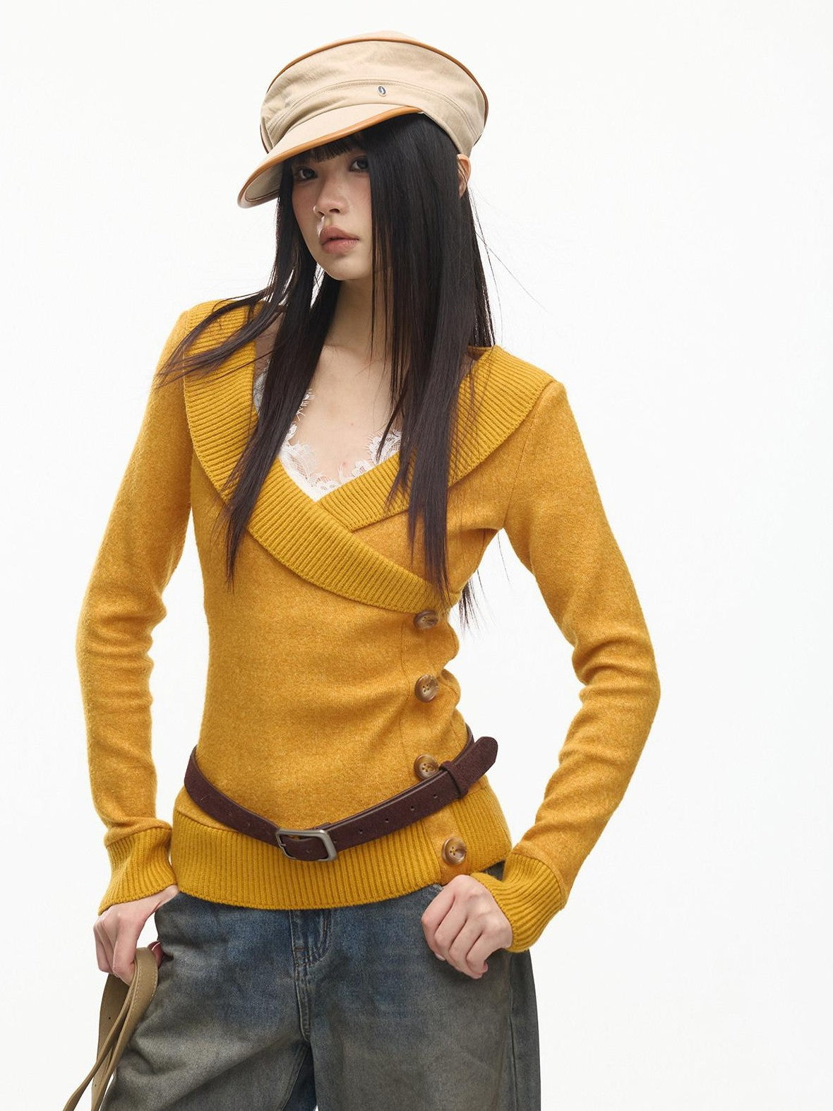 SereneEase Vintage Layered V-neck Button Knit Women's Wool Slim Fit Pullover Sweaters