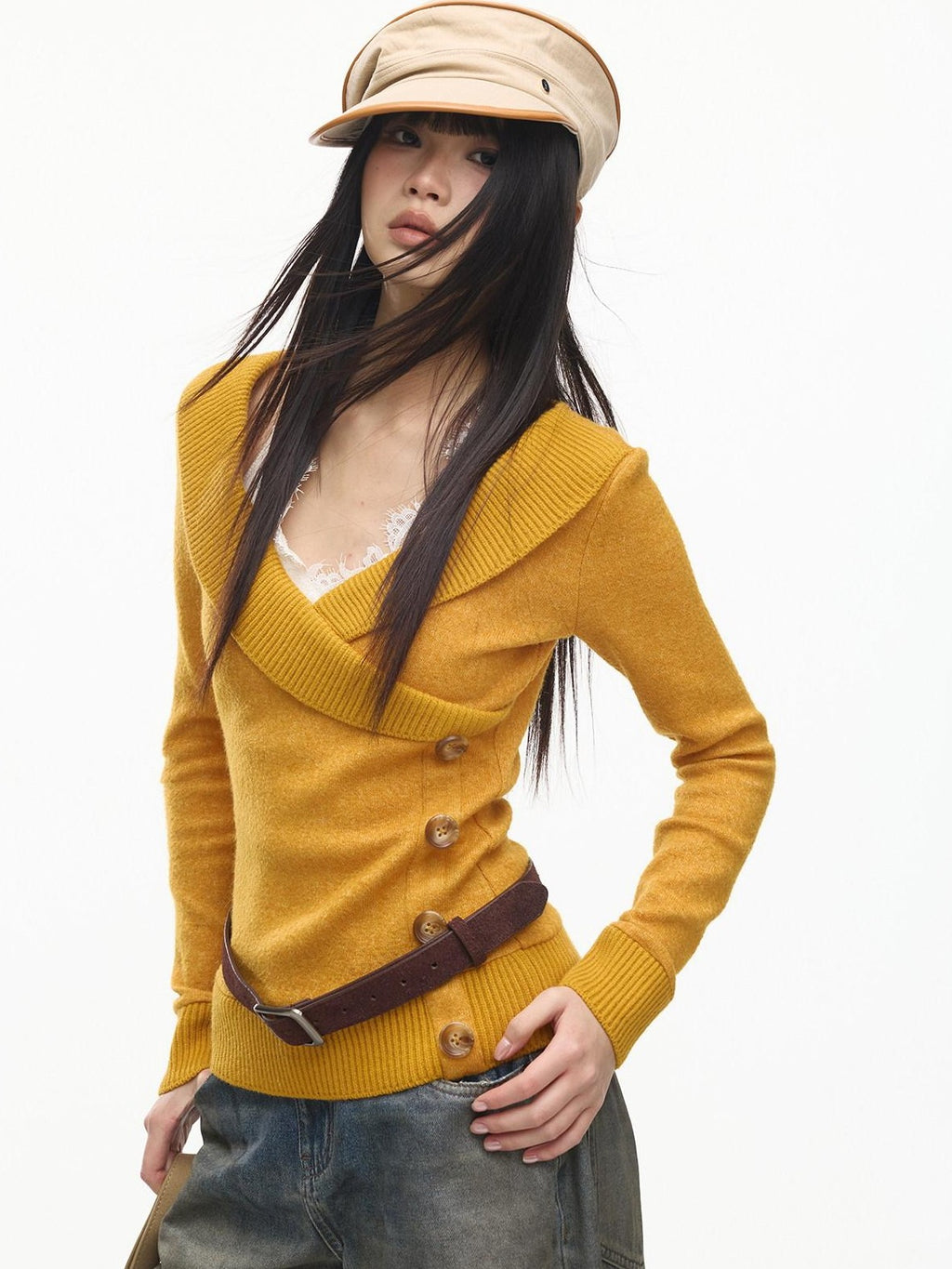 SereneEase Vintage Layered V-neck Button Knit Women's Wool Slim Fit Pullover Sweaters