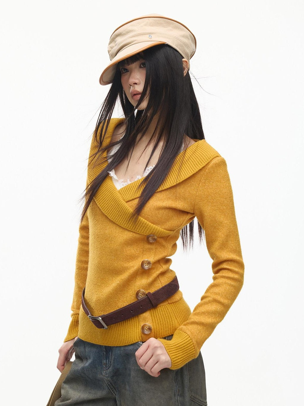 SereneEase Vintage Layered V-neck Button Knit Women's Wool Slim Fit Pullover Sweaters
