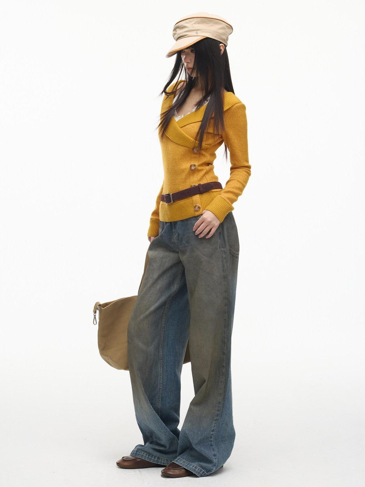 SereneEase Vintage Layered V-neck Button Knit Women's Wool Slim Fit Pullover Sweaters