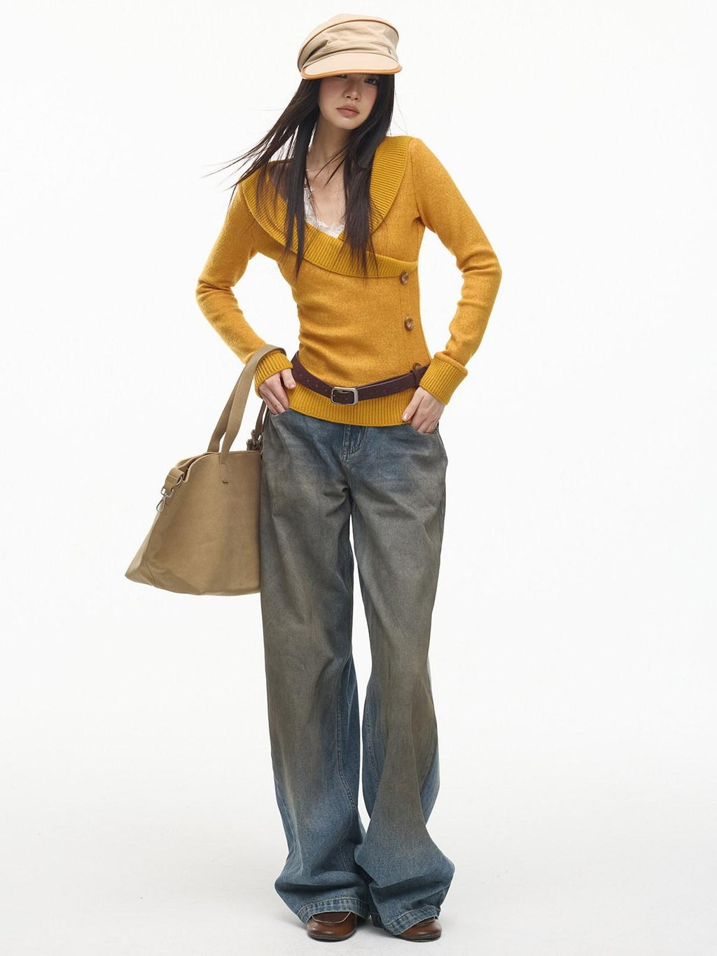 SereneEase Vintage Layered V-neck Button Knit Women's Wool Slim Fit Pullover Sweaters