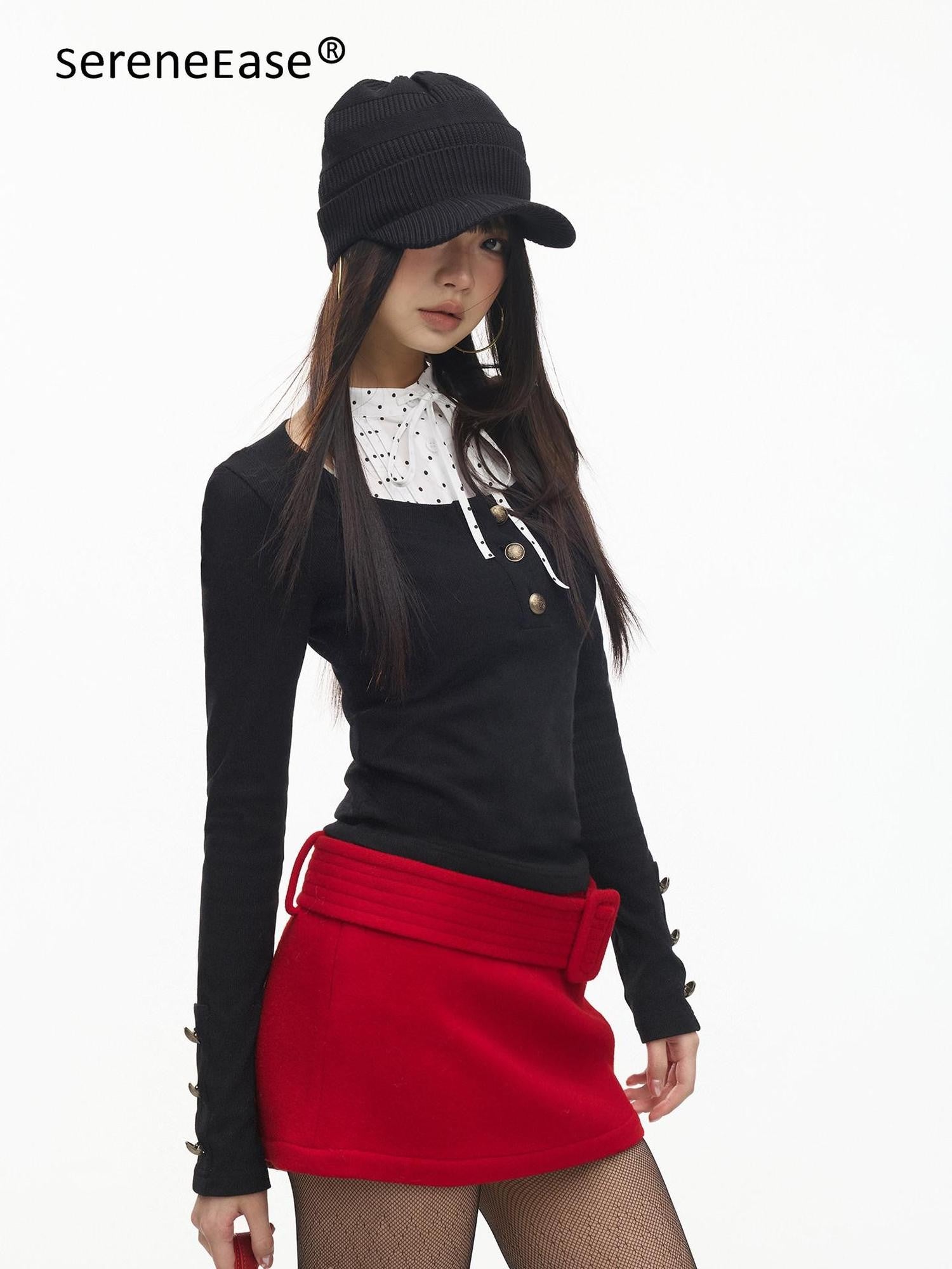 SereneEase Vintage Round Neck Metal Button Waist Cinch Slim Fit Two Piece Women's Blouses