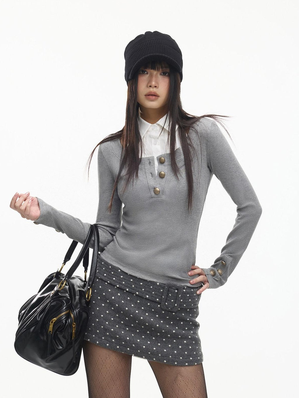 SereneEase Vintage Round Neck Metal Button Waist Cinch Slim Fit Two Piece Women's Blouses