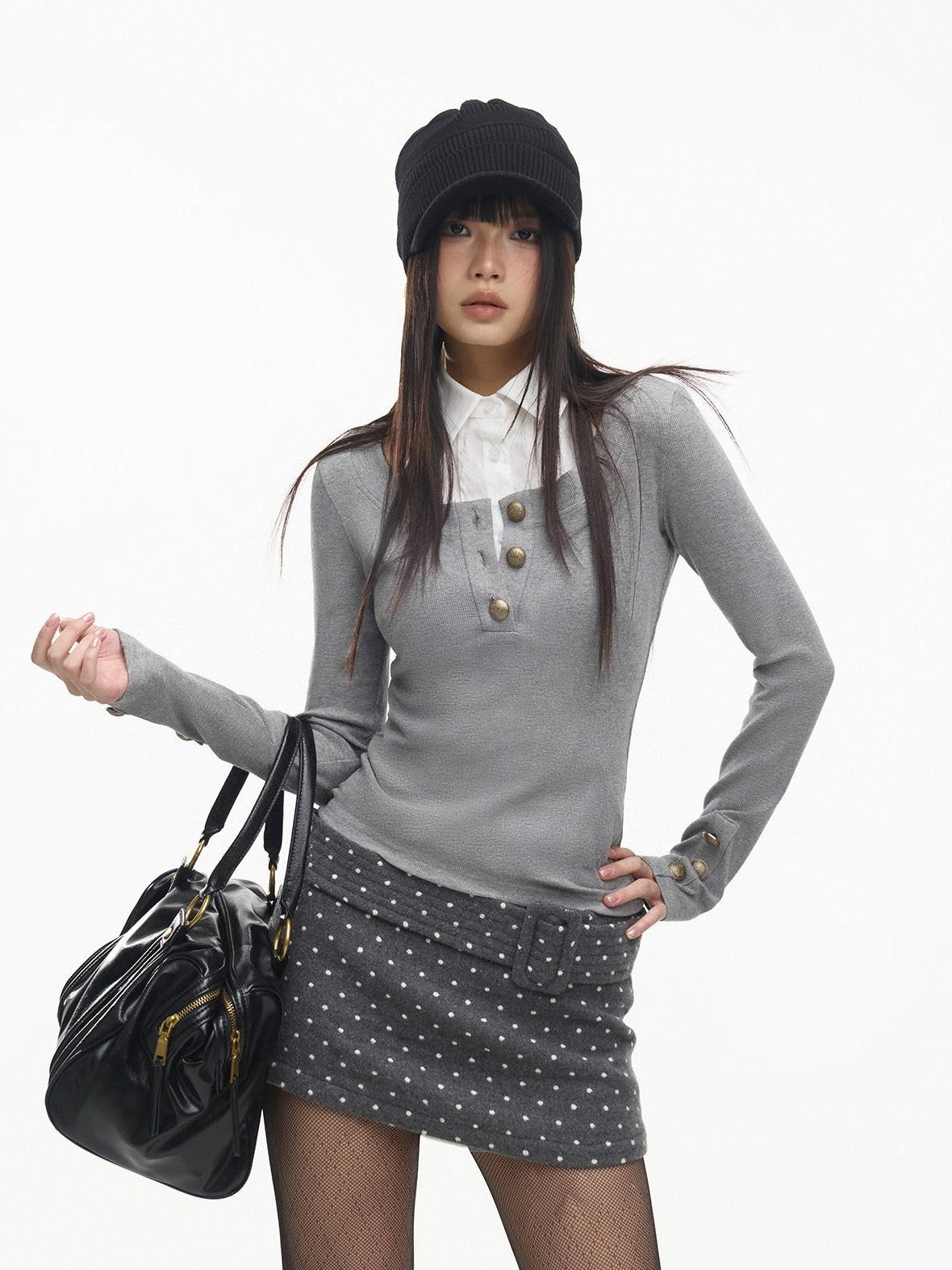 SereneEase Vintage Round Neck Metal Button Waist Cinch Slim Fit Two Piece Women's Blouses