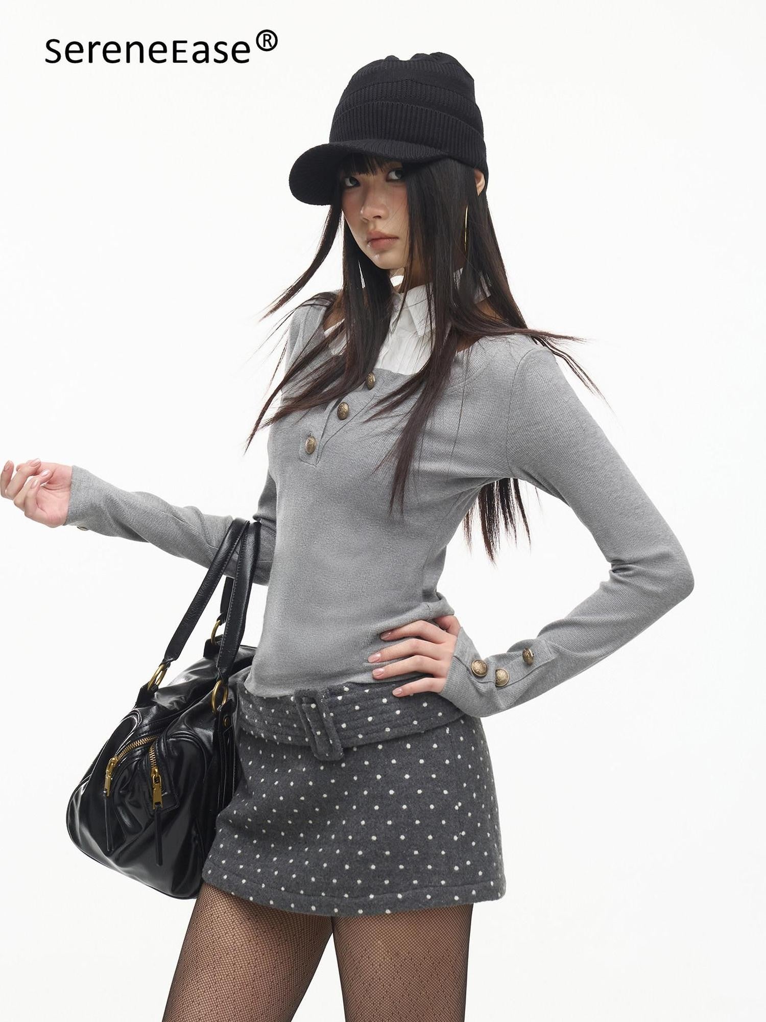 SereneEase Vintage Round Neck Metal Button Waist Cinch Slim Fit Two Piece Women's Blouses