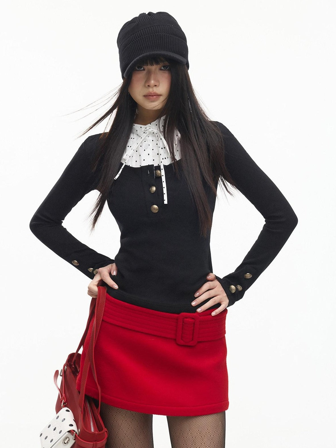 SereneEase Vintage Round Neck Metal Button Waist Cinch Slim Fit Two Piece Women's Blouses