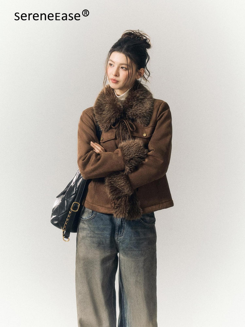 SereneEase Vintage Suede Tie Waist Shearling Collar Women's Polyester Leather Jackets