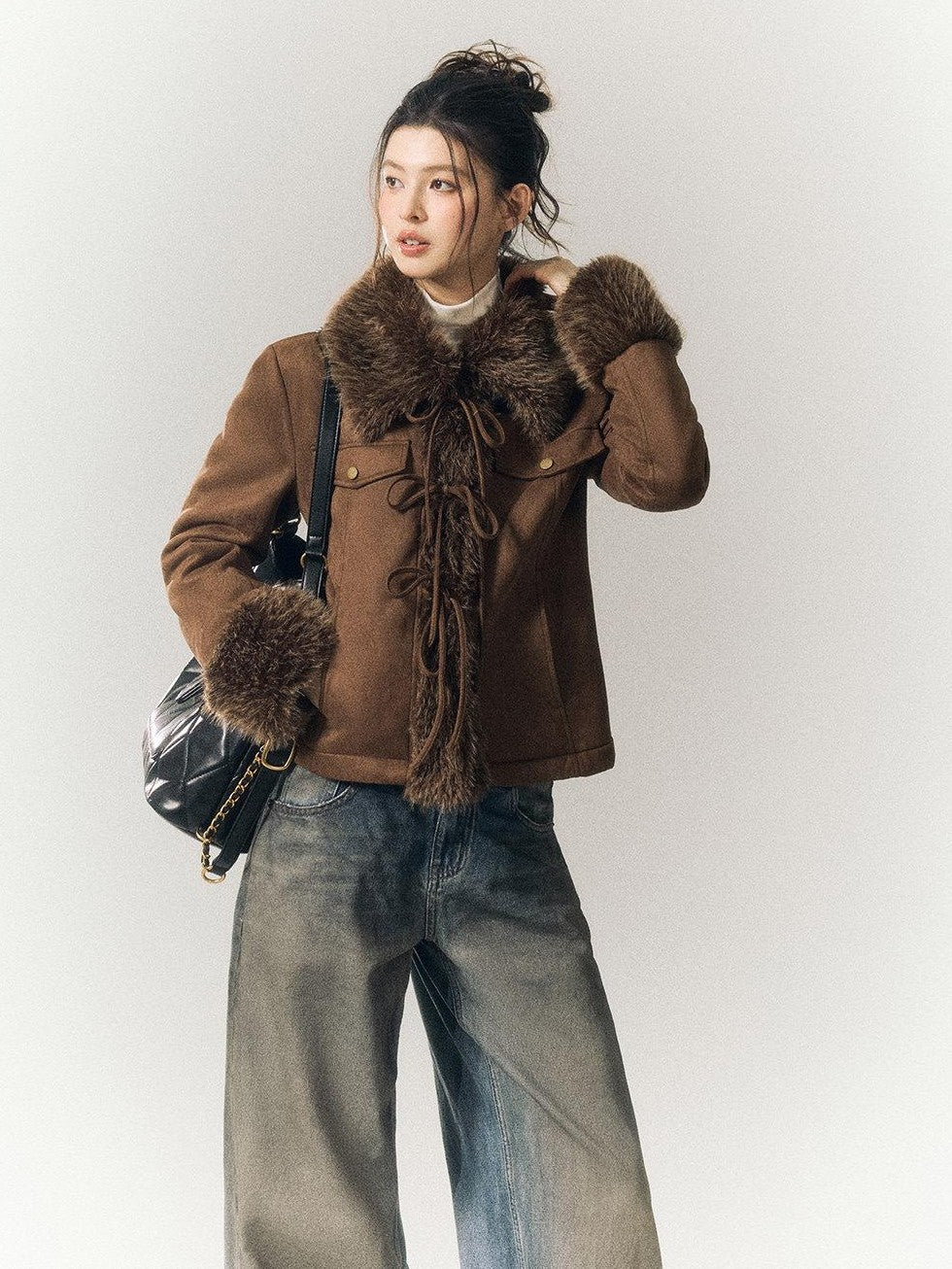 SereneEase Vintage Suede Tie Waist Shearling Collar Women's Polyester Leather Jackets