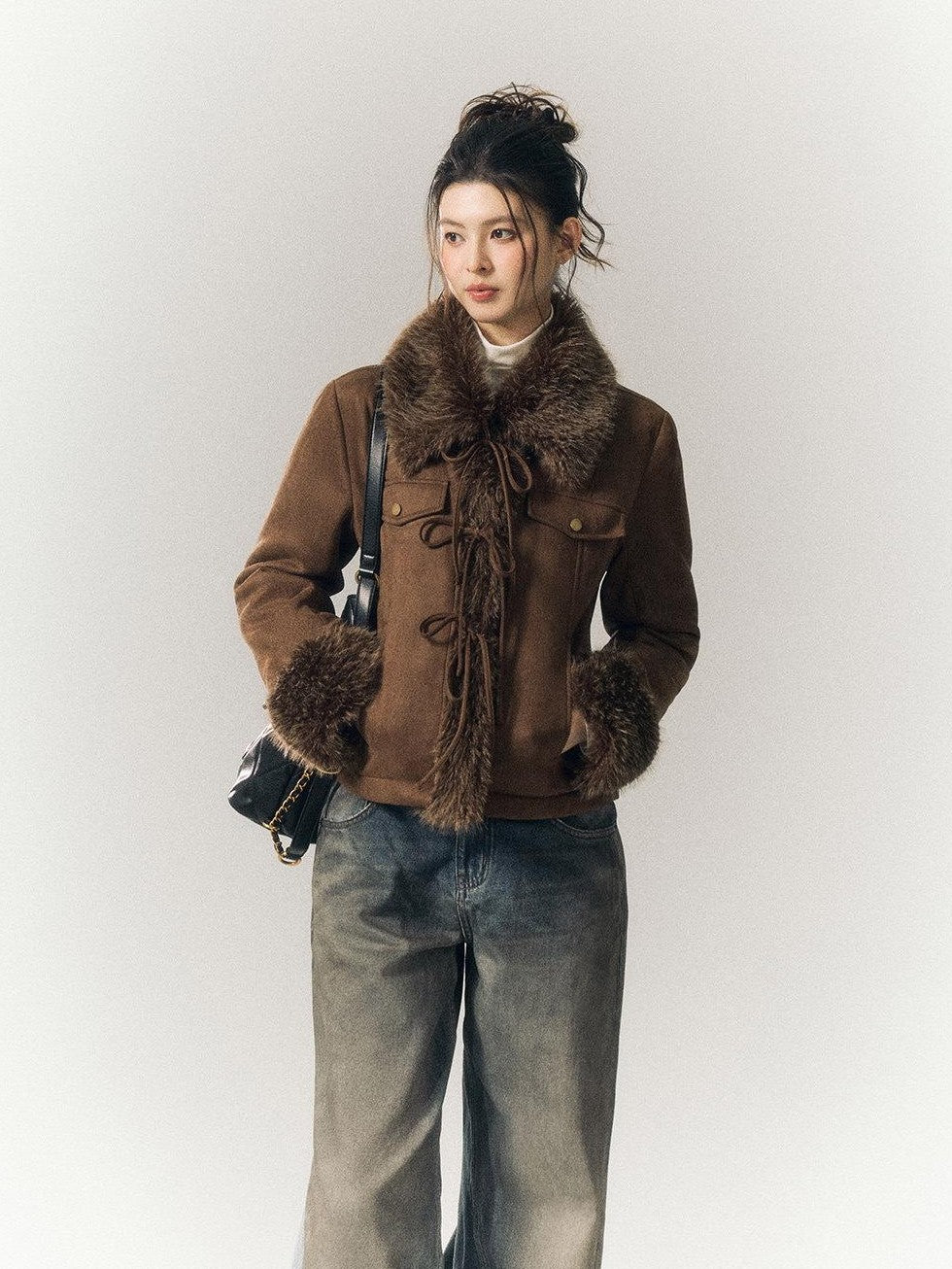 SereneEase Vintage Suede Tie Waist Shearling Collar Women's Polyester Leather Jackets