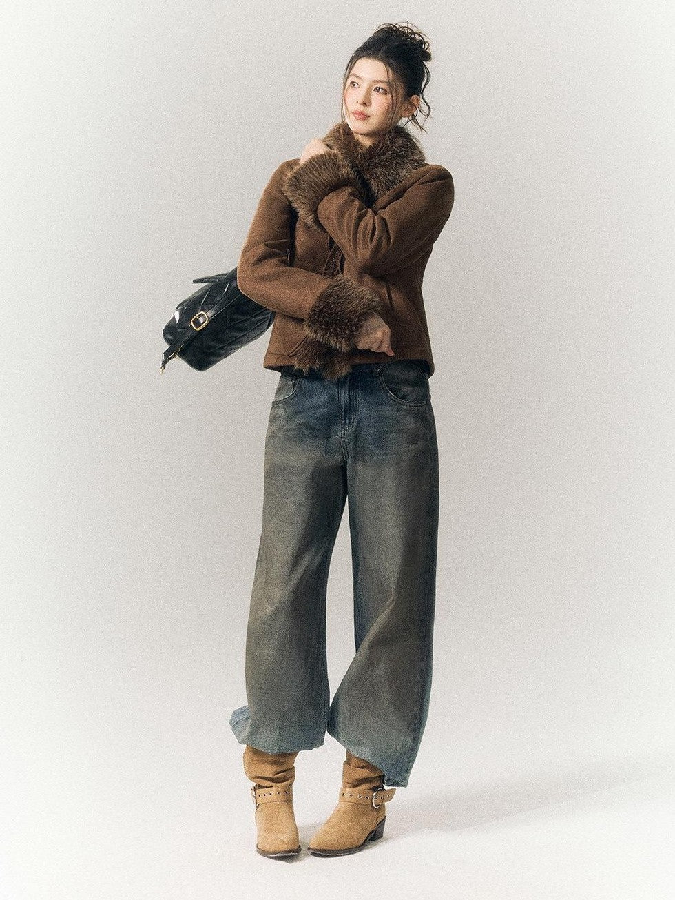 SereneEase Vintage Suede Tie Waist Shearling Collar Women's Polyester Leather Jackets