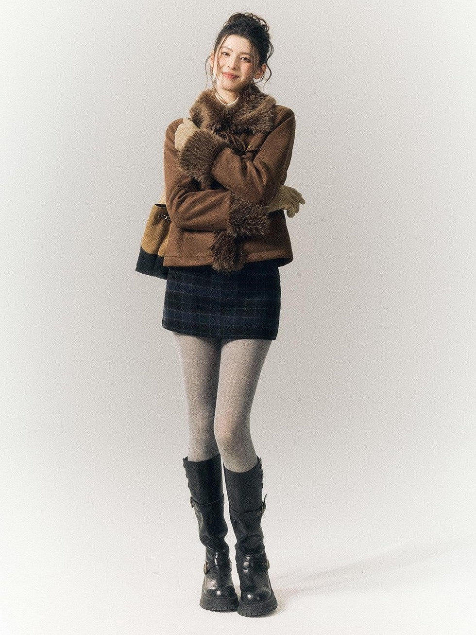 SereneEase Vintage Suede Tie Waist Shearling Collar Women's Polyester Leather Jackets