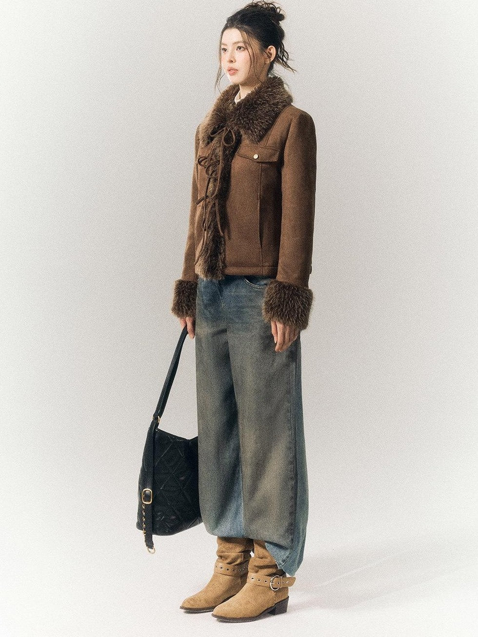 SereneEase Vintage Suede Tie Waist Shearling Collar Women's Polyester Leather Jackets