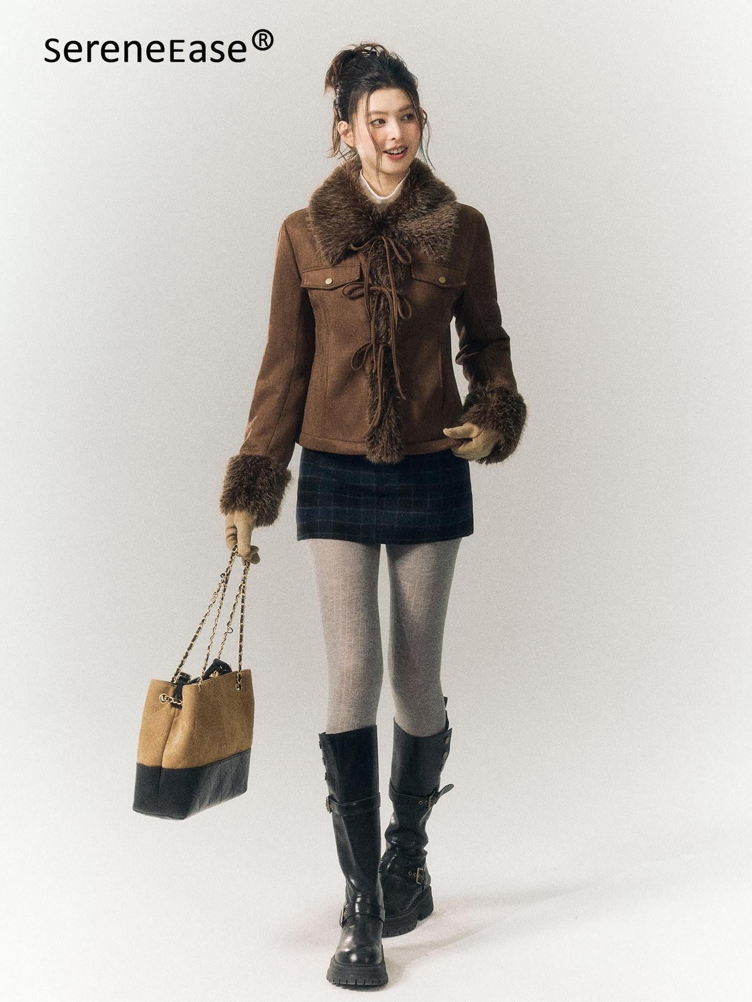 SereneEase Vintage Suede Tie Waist Shearling Collar Women's Polyester Leather Jackets