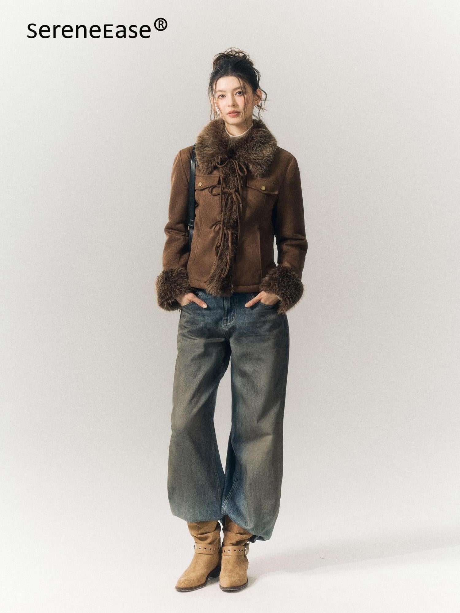 SereneEase Vintage Suede Tie Waist Shearling Collar Women's Polyester Leather Jackets