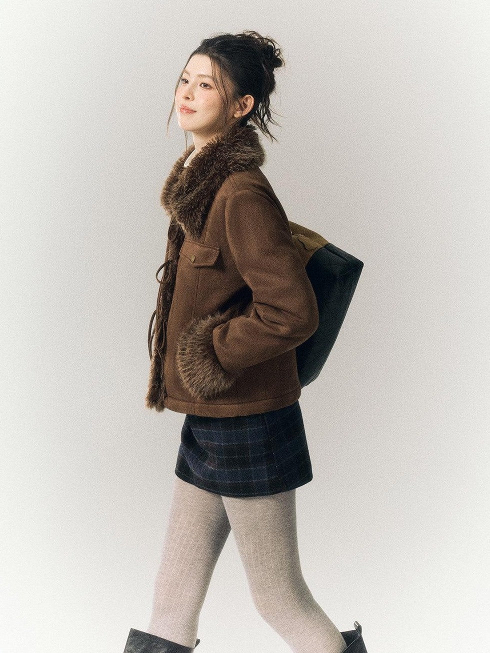 SereneEase Vintage Suede Tie Waist Shearling Collar Women's Polyester Leather Jackets