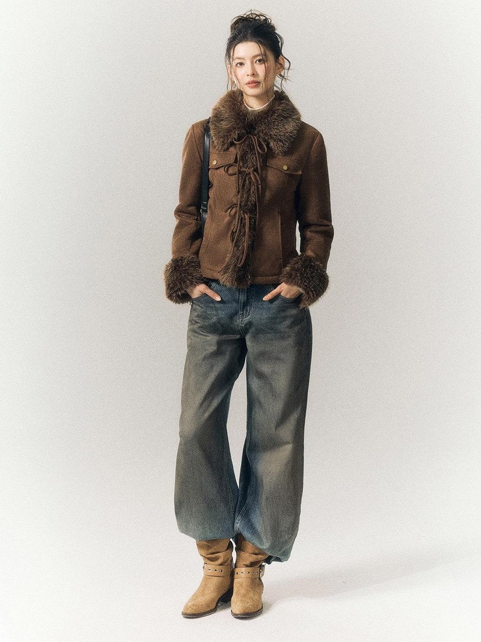 SereneEase Vintage Suede Tie Waist Shearling Collar Women's Polyester Leather Jackets