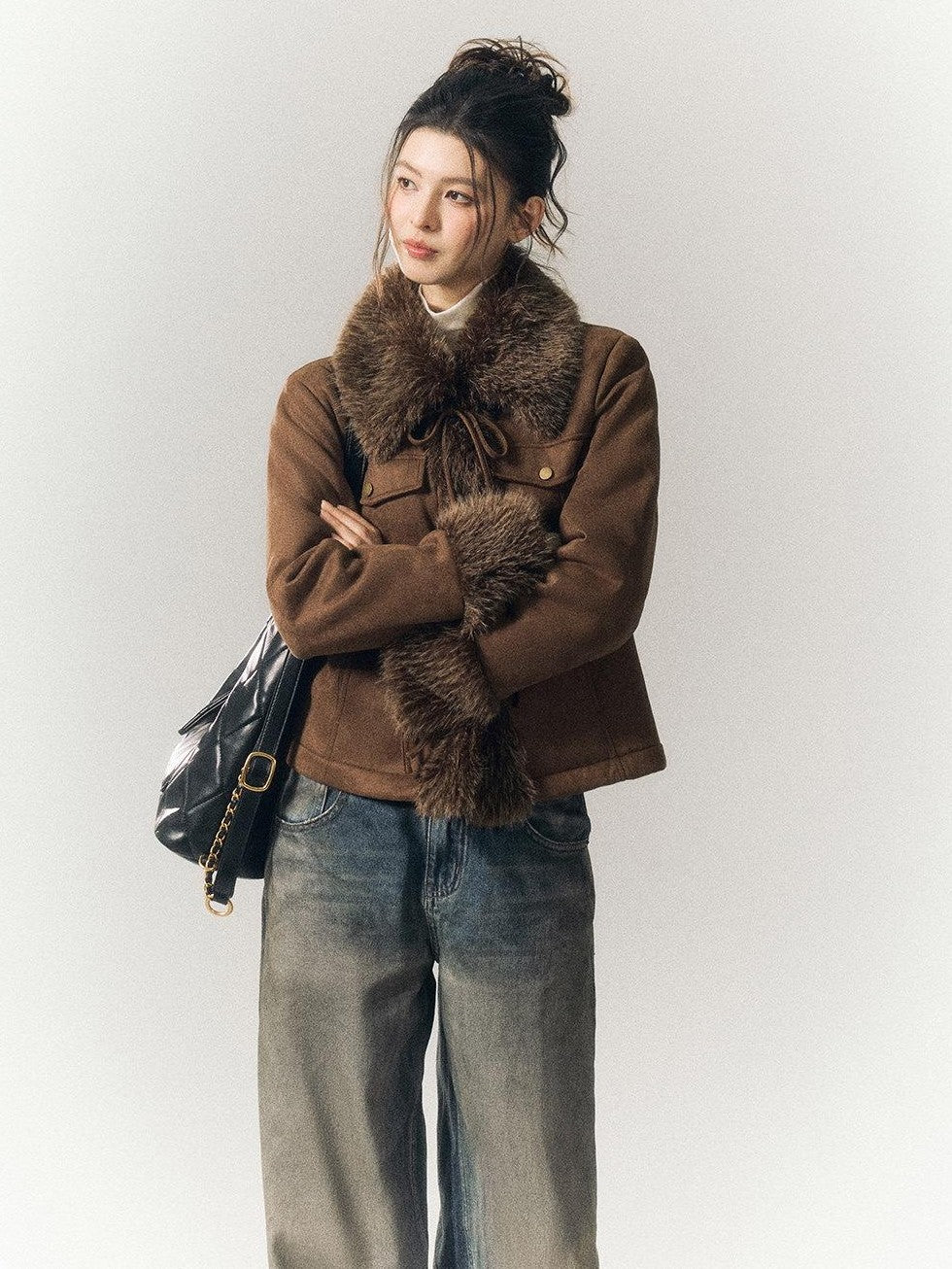 SereneEase Vintage Suede Tie Waist Shearling Collar Women's Polyester Leather Jackets