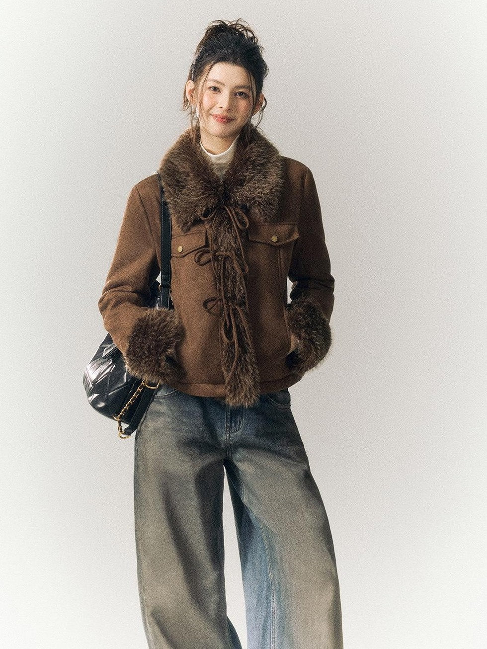 SereneEase Vintage Suede Tie Waist Shearling Collar Women's Polyester Leather Jackets