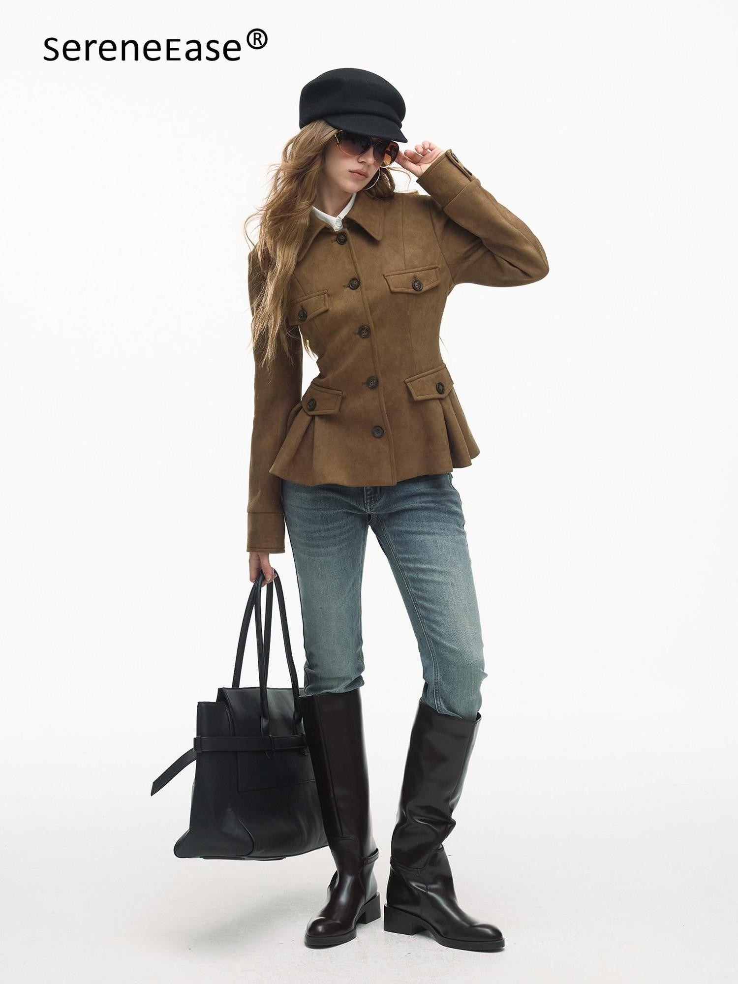 SereneEase Vintage Suede Waist Cinch Lapel Women's Polyester Slim Fit Leather Jackets