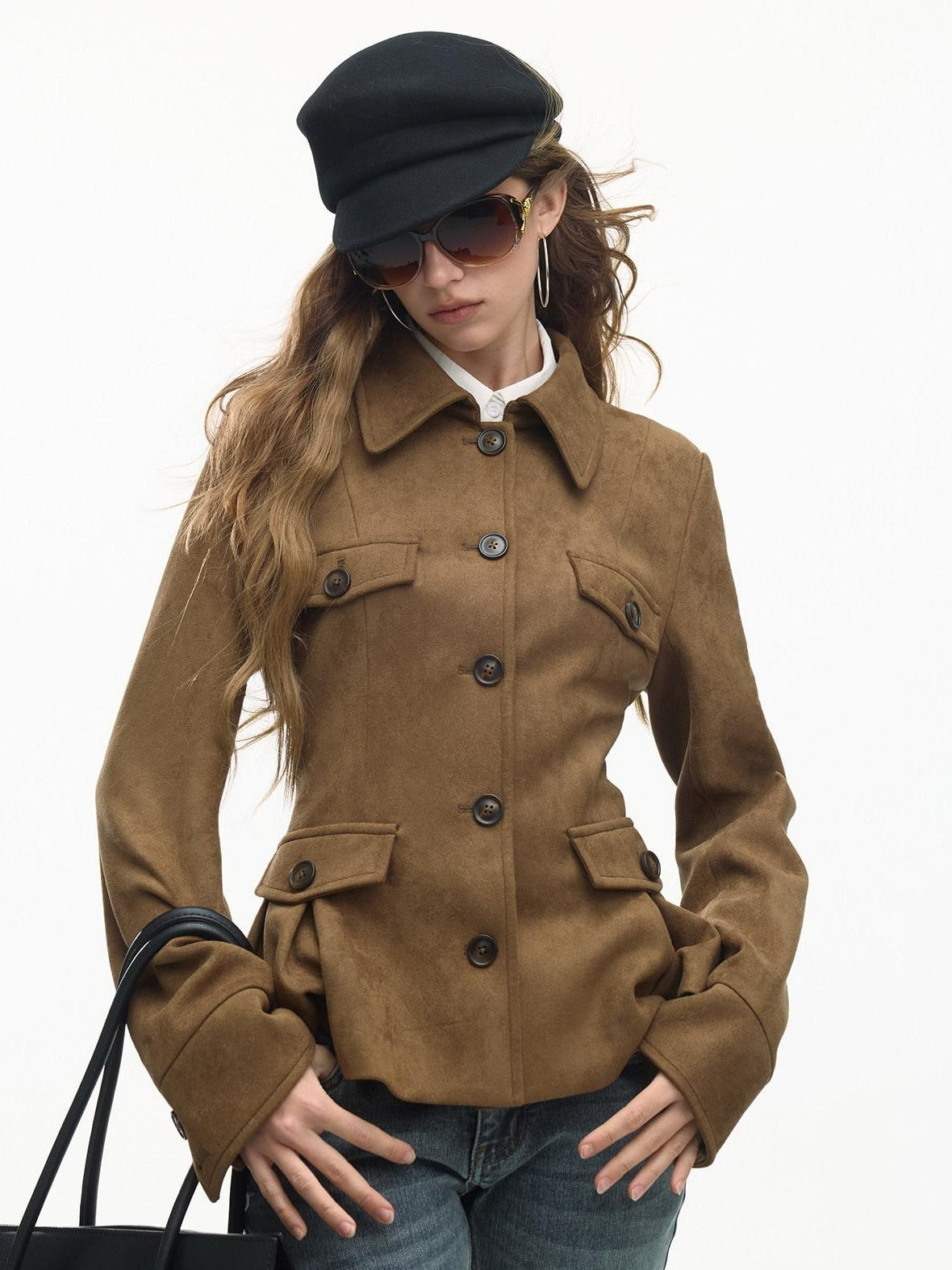 SereneEase Vintage Suede Waist Cinch Lapel Women's Polyester Slim Fit Leather Jackets