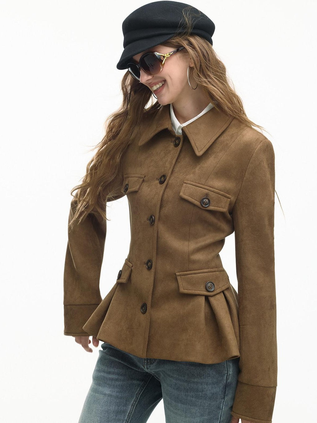 SereneEase Vintage Suede Waist Cinch Lapel Women's Polyester Slim Fit Leather Jackets