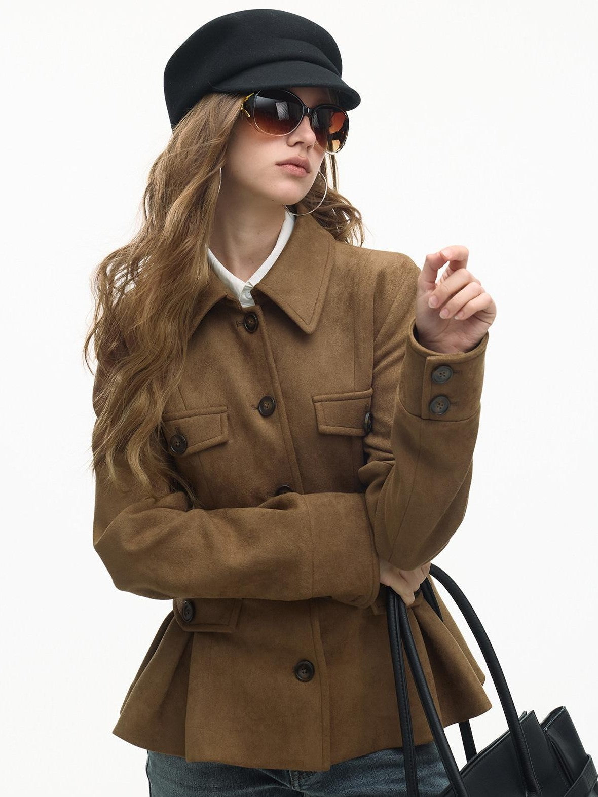 SereneEase Vintage Suede Waist Cinch Lapel Women's Polyester Slim Fit Leather Jackets