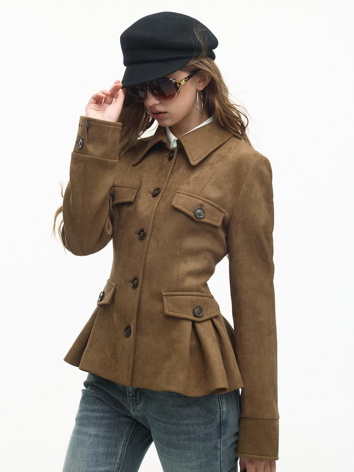 SereneEase Vintage Suede Waist Cinch Lapel Women's Polyester Slim Fit Leather Jackets