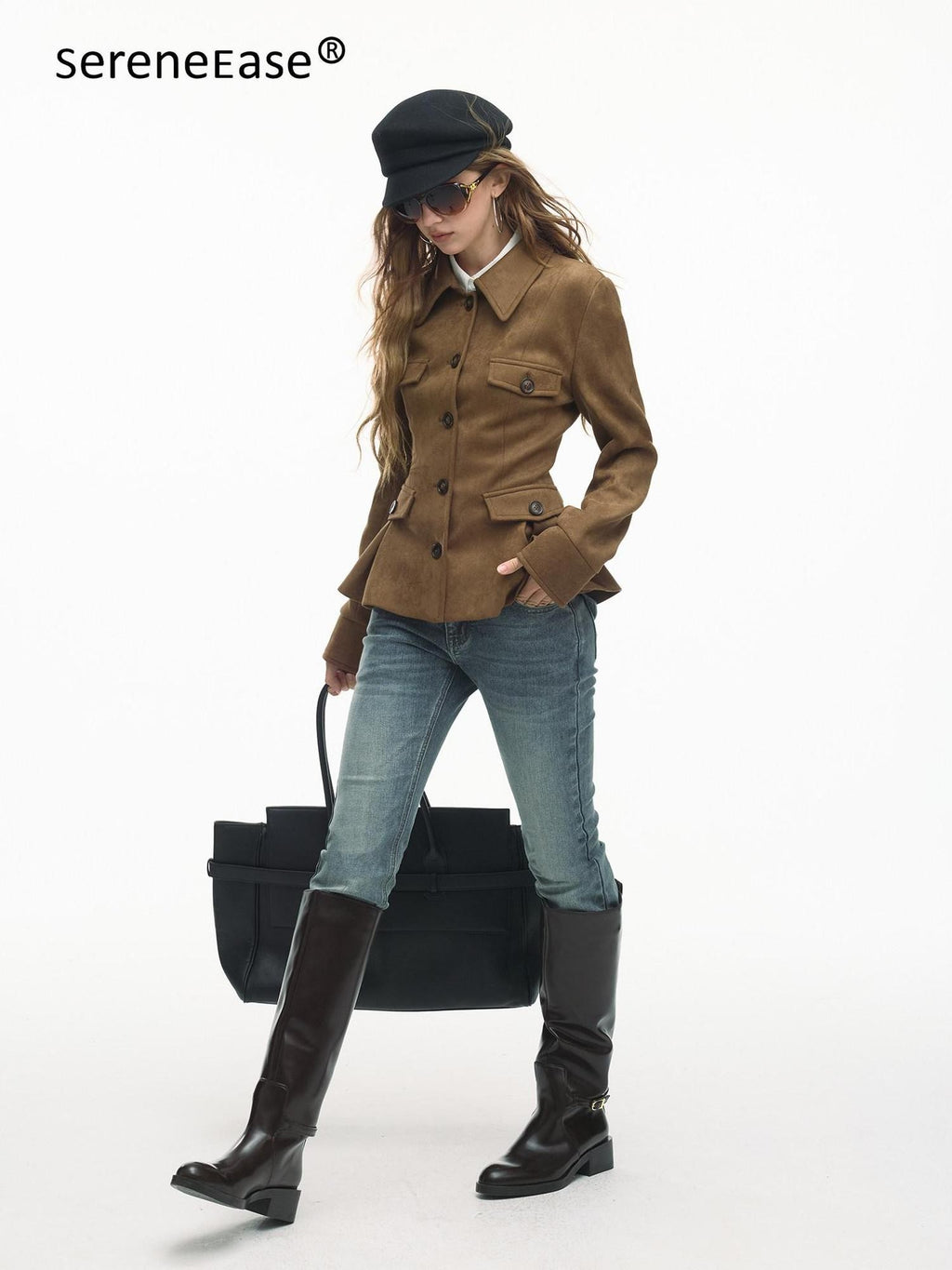 SereneEase Vintage Suede Waist Cinch Lapel Women's Polyester Slim Fit Leather Jackets