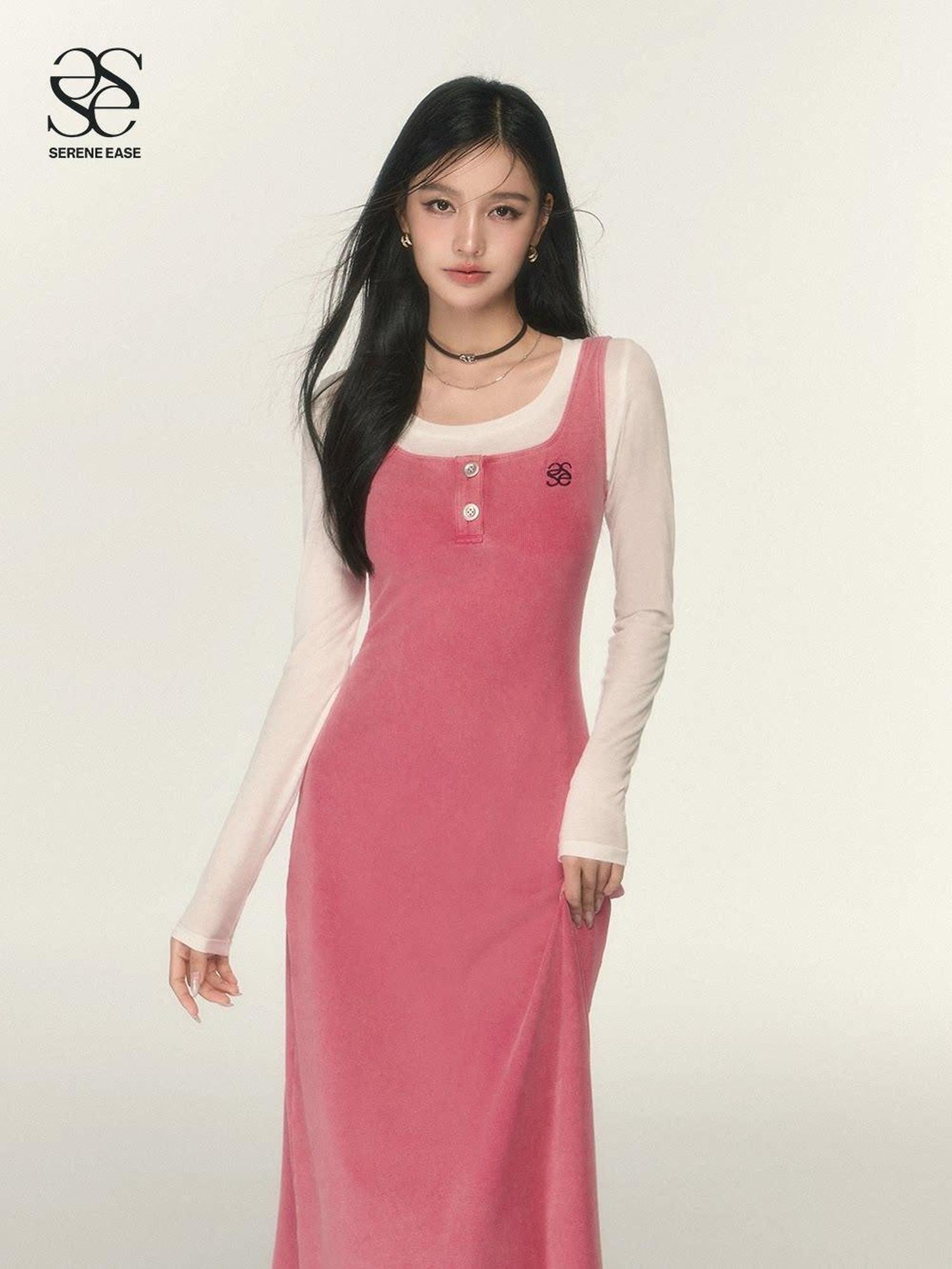 SereneEase Washed Pink Embroidered A Line Women's Cotton Blend Knit Slip Maxi Dresses