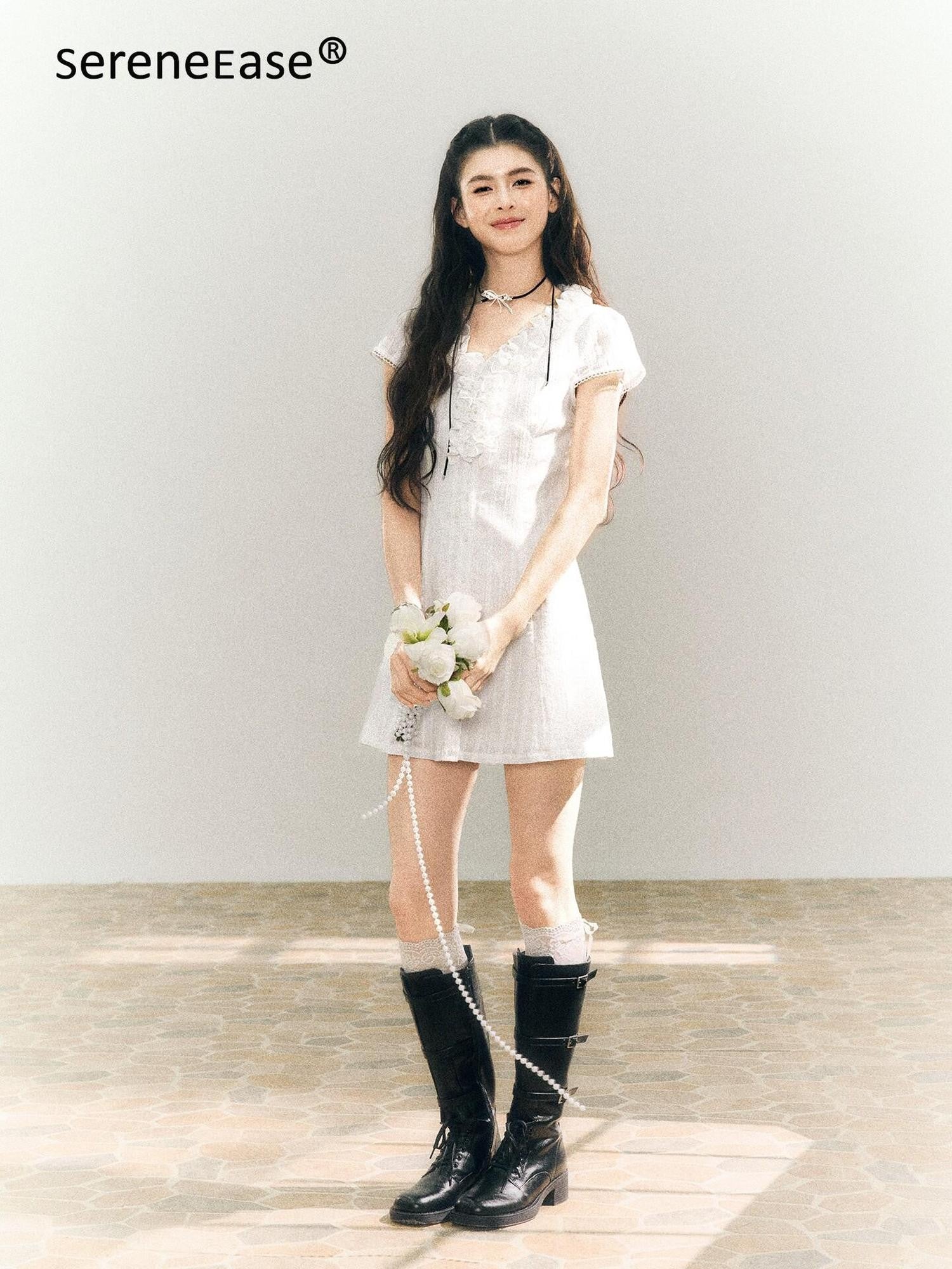 SereneEase White Lace Ruffle V-neck Short Sleeve A Line Women's Cotton Casual Mini Dresses