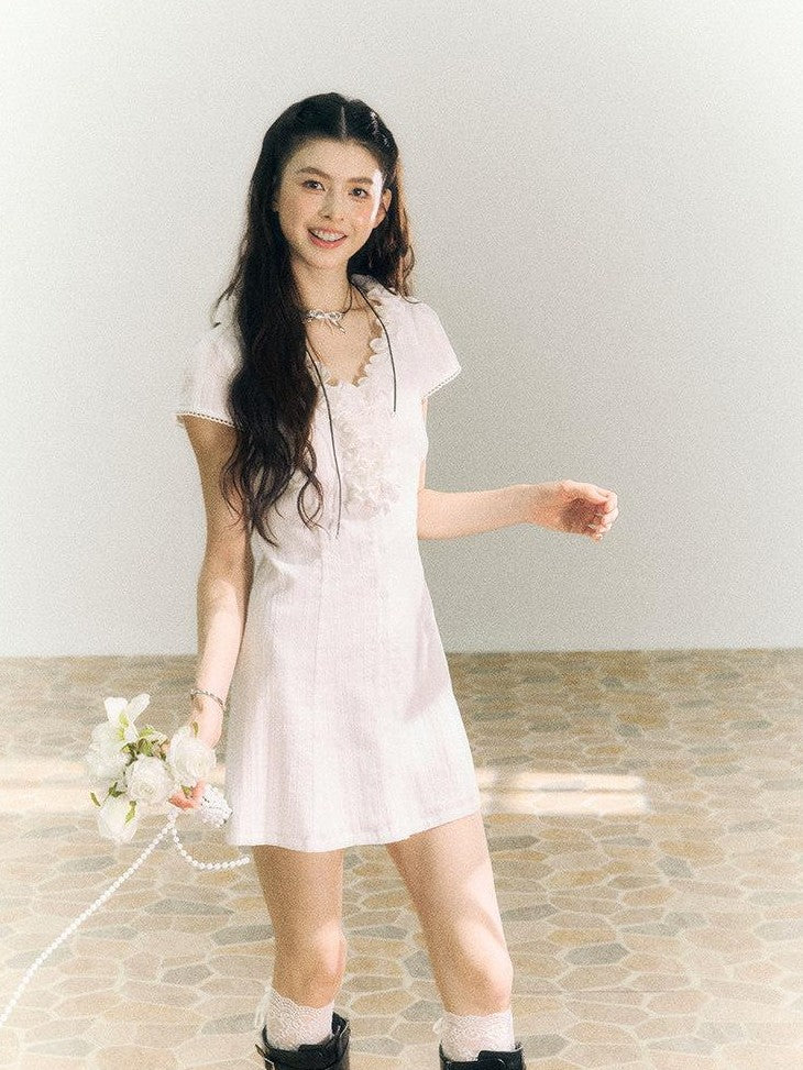 SereneEase White Lace Ruffle V-neck Short Sleeve A Line Women's Cotton Casual Mini Dresses
