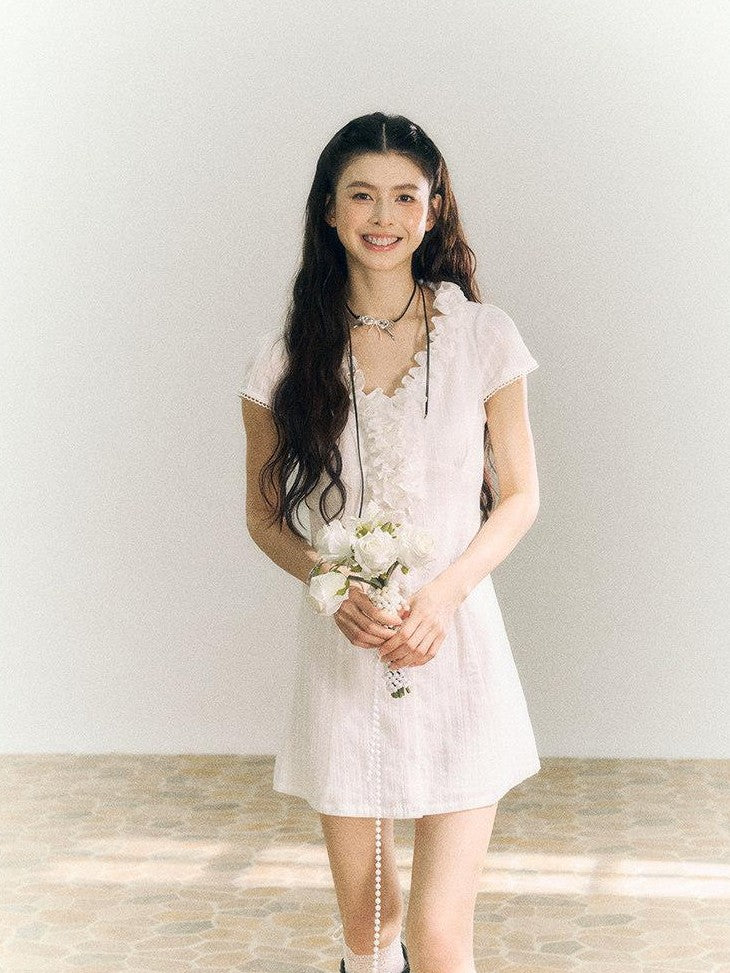 SereneEase White Lace Ruffle V-neck Short Sleeve A Line Women's Cotton Casual Mini Dresses