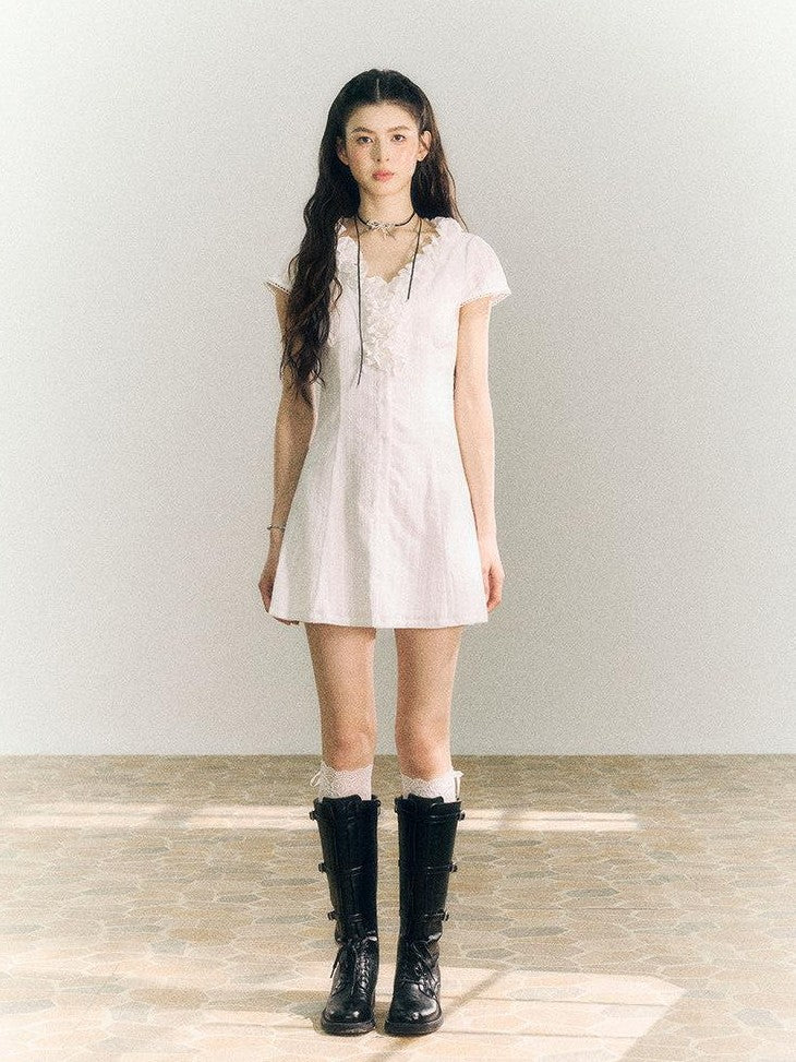 SereneEase White Lace Ruffle V-neck Short Sleeve A Line Women's Cotton Casual Mini Dresses