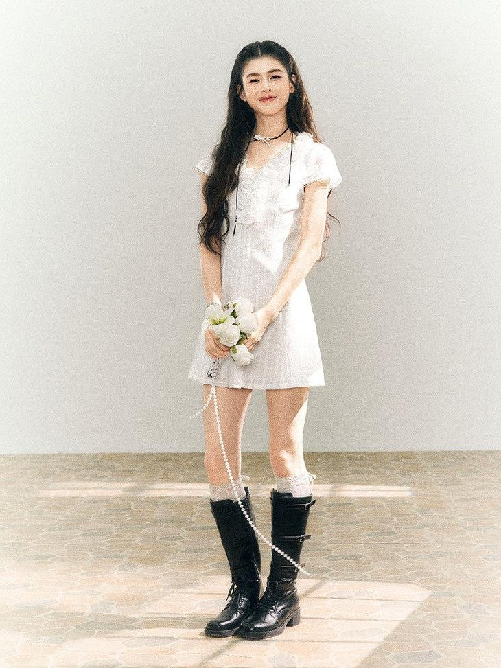 SereneEase White Lace Ruffle V-neck Short Sleeve A Line Women's Cotton Casual Mini Dresses