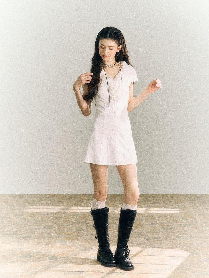 SereneEase White Lace Ruffle V-neck Short Sleeve A Line Women's Cotton Casual Mini Dresses