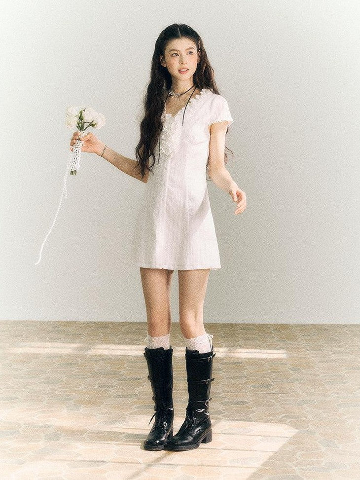 SereneEase White Lace Ruffle V-neck Short Sleeve A Line Women's Cotton Casual Mini Dresses