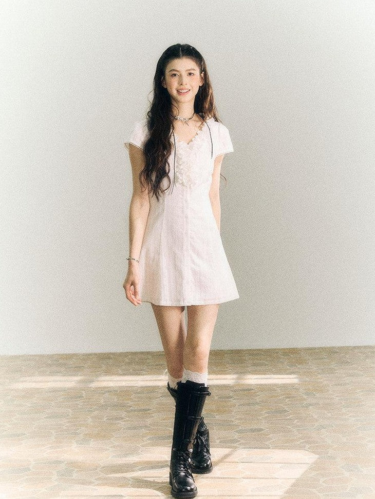 SereneEase White Lace Ruffle V-neck Short Sleeve A Line Women's Cotton Casual Mini Dresses
