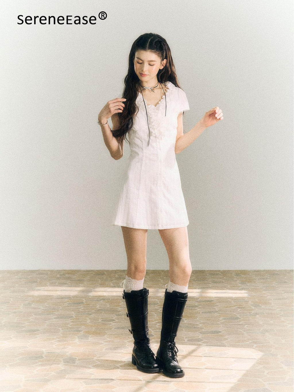 SereneEase White Lace Ruffle V-neck Short Sleeve A Line Women's Cotton Casual Mini Dresses