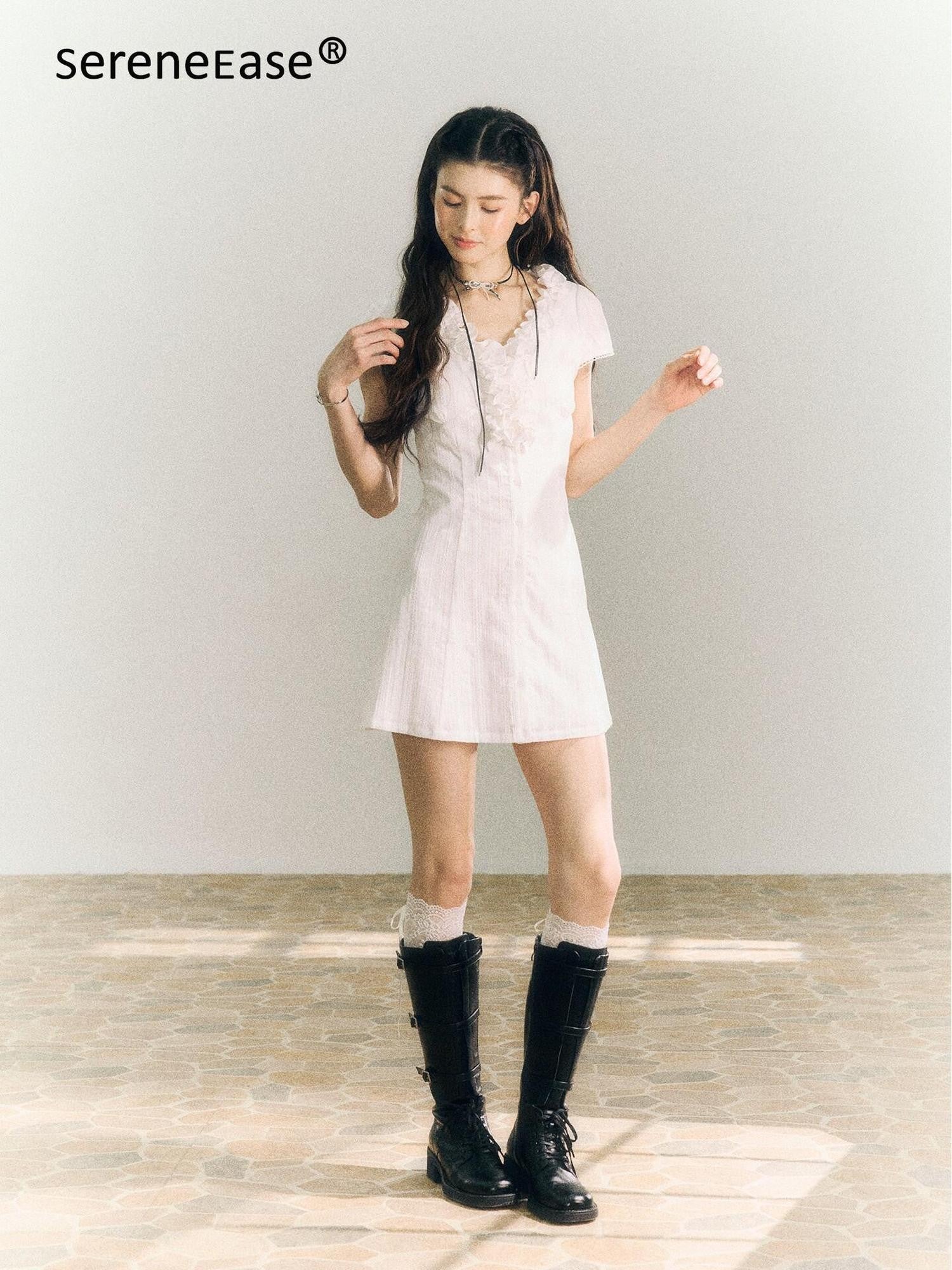 SereneEase White Lace Ruffle V-neck Short Sleeve A Line Women's Cotton Casual Mini Dresses