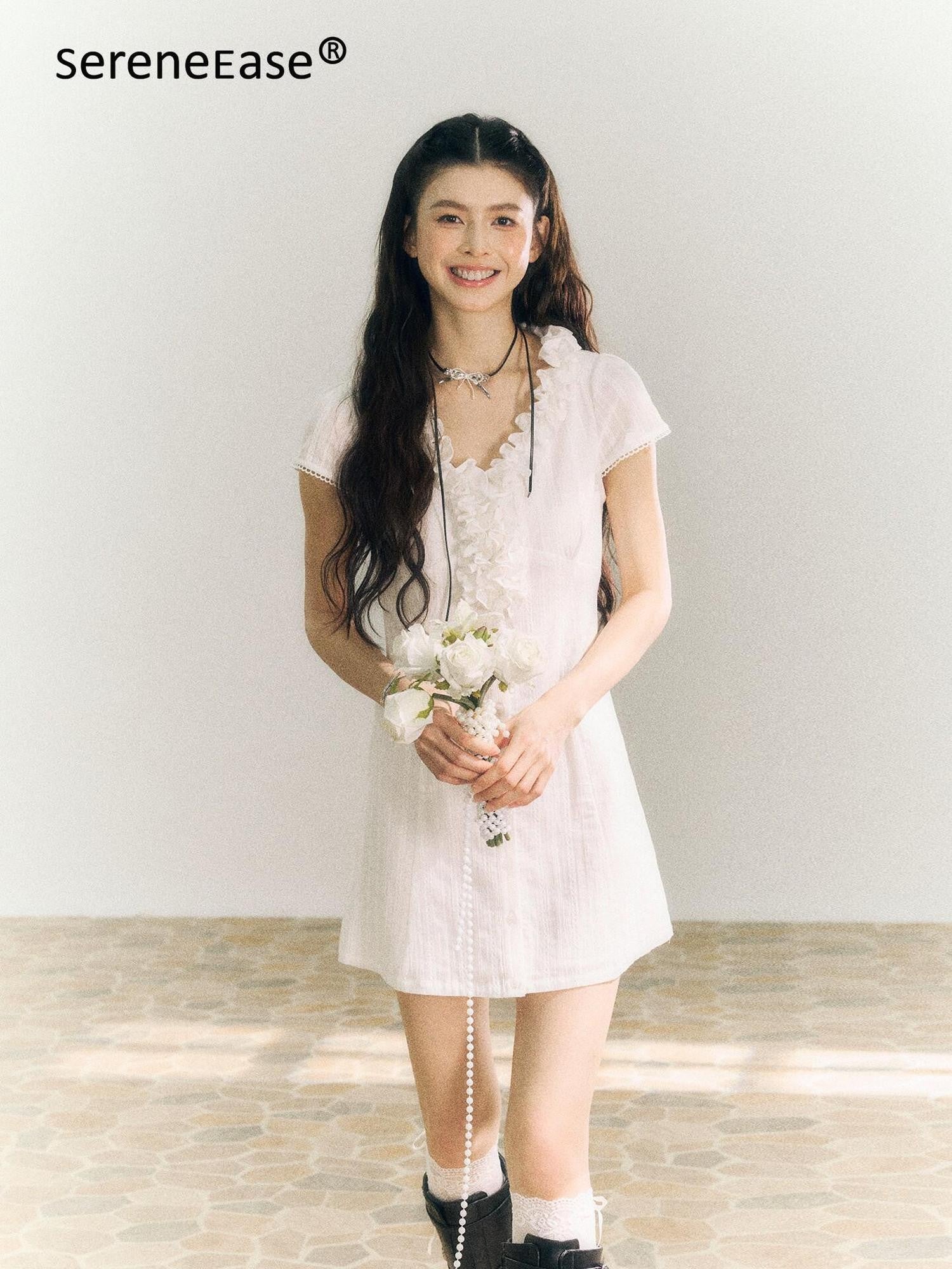 SereneEase White Lace Ruffle V-neck Short Sleeve A Line Women's Cotton Casual Mini Dresses